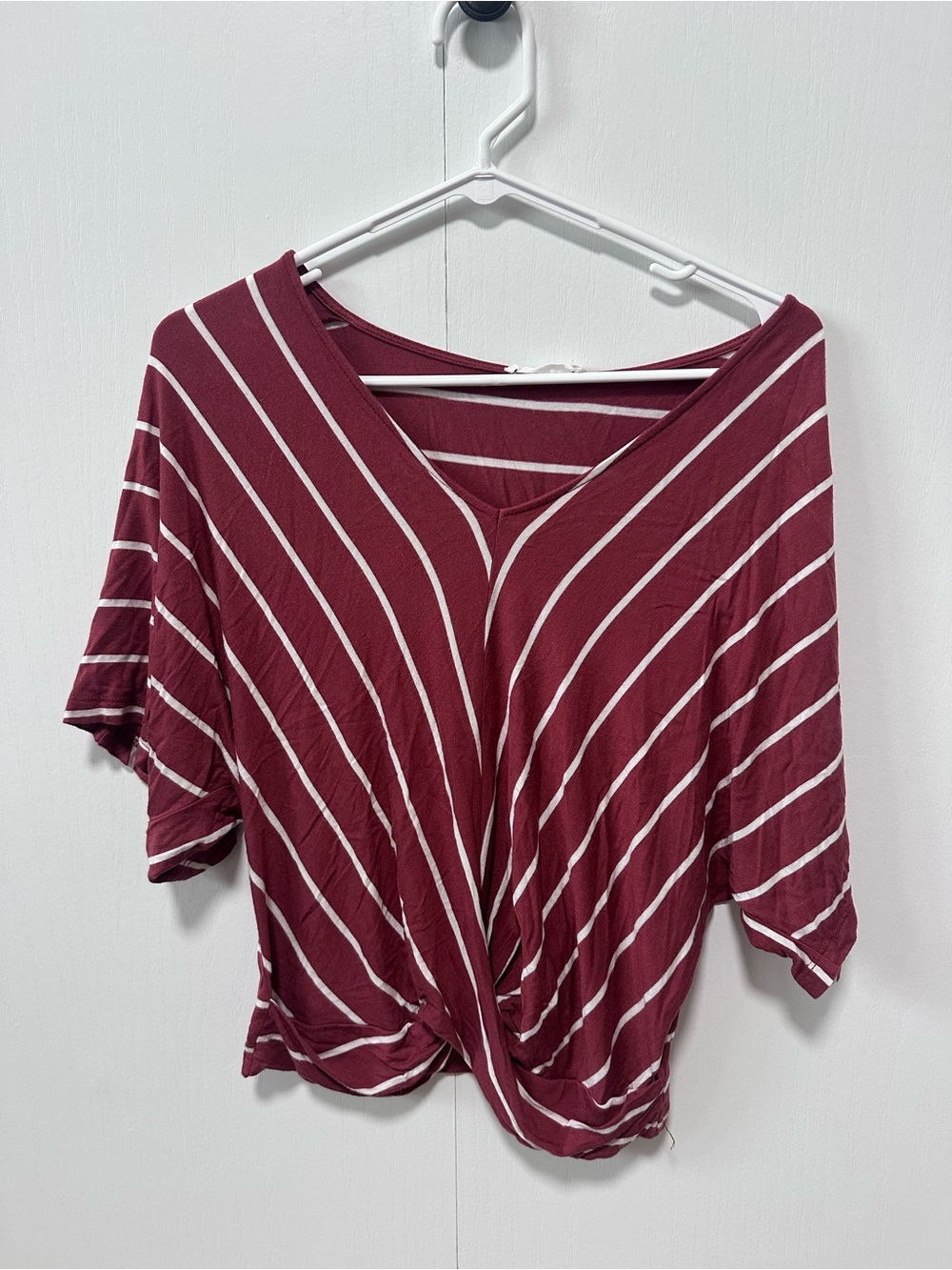Lush Maroon and White Striped Twist-Front Short Sleeve Top